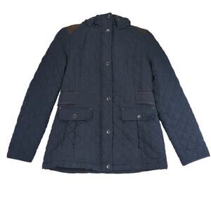 Laundry Shellie Segal Navy Blue Quilted Jacket Women Medium Faux Fur Hood Casual